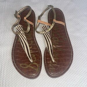 Sam Edelman Gigi Sandals Women’s  7 1/2 Gold Peach Zebra Calf Hair T Strap Flats